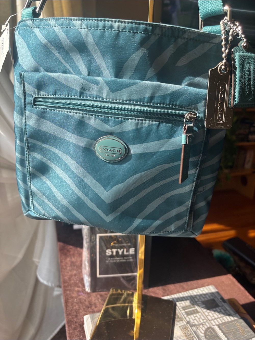 NWT* Coach Getaway Zebra Print Nylon Crossbody Bag Mineral Teal - Picture 2 of 5
